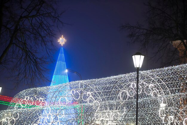 Décoration d'arbre de Noël de nuit dans la ville