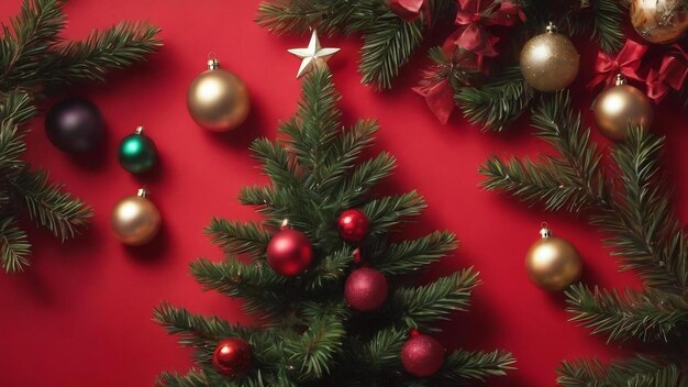 Décoration d'arbre de Noël et pin sur fond rouge avec espace de copie carte de vœux pour la nouvelle année fla