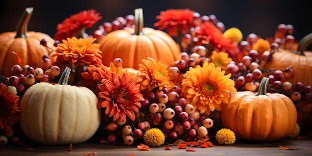 Décoration d'automne festive avec des fleurs de citrouilles et des feuilles d'automme concept de bannière de Thanksgiving ou d'Halloween