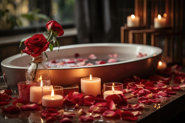 décoration baignoire romantique avec bougies allumées serviettes pétales de fleurs idées d'inspiration