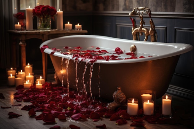décoration baignoire romantique avec bougies allumées serviettes pétales de fleurs idées d'inspiration