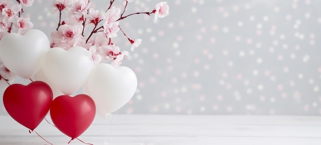 Décoration de ballon d'amour et de fleurs avec fond bokeh et espace de copie