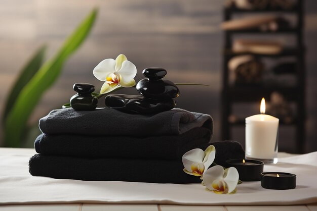 Photo décoration de bien-être spa massage réglage avec des pierres à huile et serviette pour les moments de relaxation créés avec