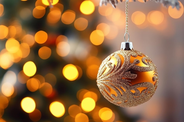 Une décoration de boule de Noël ornement de Noël étincelant et effet bokeh doré joyeux Noël