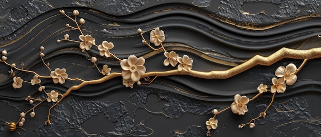 Décoration de branches de fleurs dans le style vintage avec une texture dorée et noire moderne