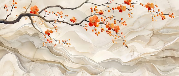 Décoration de branches florales vintage avec illustration de motif d'onde sur fond japonais avec texture d'aquarelle moderne