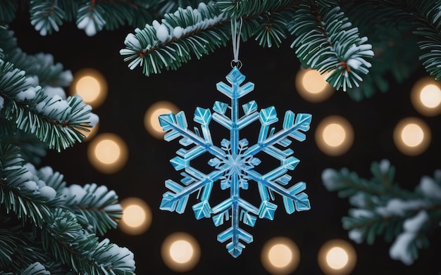 La décoration brillante des flocons de neige brille sur l'arbre sombre