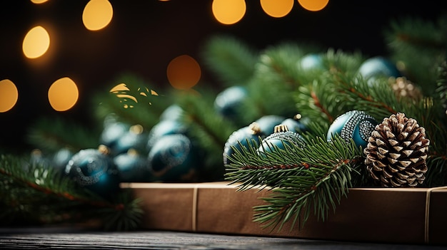 Décoration de cadeaux de Noël avec des branches de pins verts