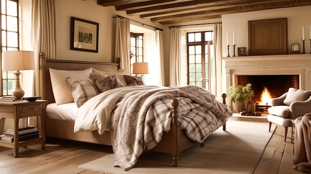 Décoration de la chambre à coucher design d'intérieur et location de vacances lit classique avec une élégante literie en peluche et des meubles de style maison de campagne anglaise et chalet.