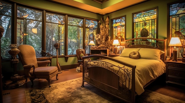 Photo décoration de chambre à coucher design d'intérieur de maison style art nouveau vintage