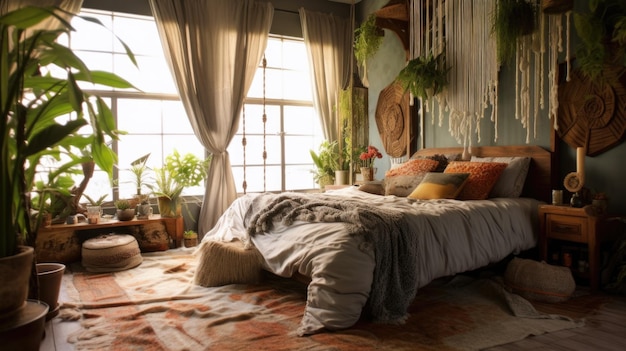 Décoration de chambre à coucher design d'intérieur de maison style bohème éclectique