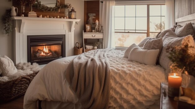 Photo décoration de chambre à coucher design d'intérieur de maison style de ferme rustique