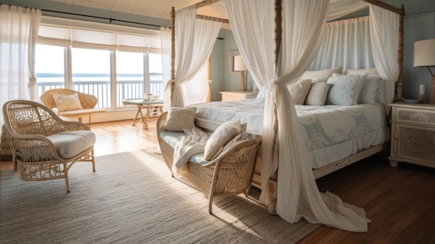 Décoration de la chambre à coucher design d'intérieur de la maison style nautique côtier avec vue sur l'océan décoré avec du bois et de la corde matériel génératif AI AIG26