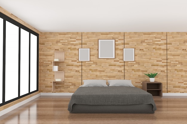 décoration de chambre à coucher moderne en bois de parquet avec lumière de fenêtre noire en rendu 3D