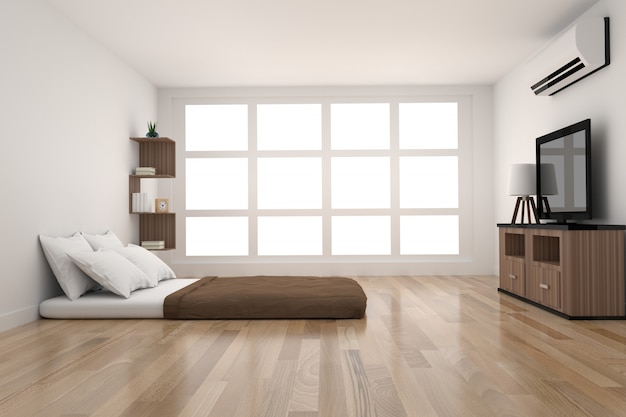 Photo décoration de chambre à coucher moderne en bois de parquet avec lumière de la fenêtre en rendu 3d