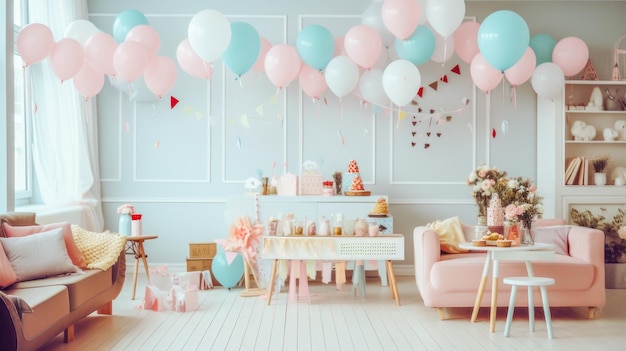 Décoration de la chambre des enfants pour une fête d'anniversaire dans des couleurs rose pastel et bleue