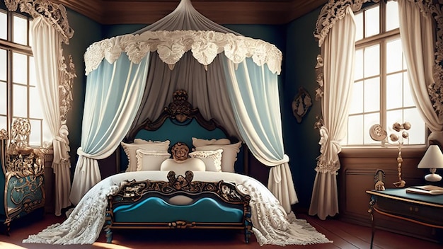 Décoration de chambre d'hôtel de luxe d'inspiration victorienne avec un lit à baldaquin, des rideaux en dentelle et des meubles anciens