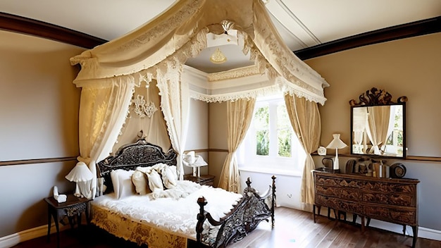 Décoration de chambre d'hôtel de luxe d'inspiration victorienne avec un lit à baldaquin, des rideaux en dentelle et des meubles anciens