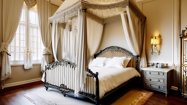 Décoration de chambre d'hôtel de luxe d'inspiration victorienne avec un lit à baldaquin, des rideaux en dentelle et des meubles anciens