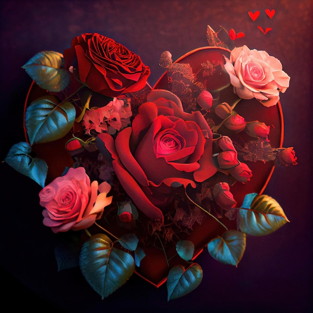 Décoration coeur rose Carte de Saint Valentin IA générative fond violet et rouge fumé avec coeur rouge avec contour doré et roses rouges et roses devant une belle composition