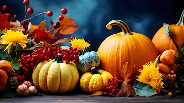 Décoration colorée de Thanksgiving Bounty avec des citrouilles et des délices de saison