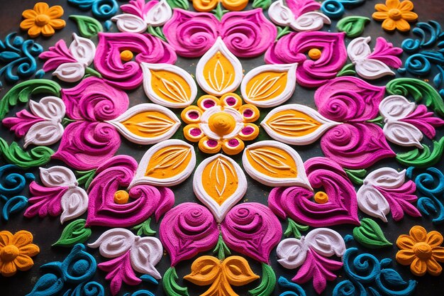 Photo décoration complexe de rangoli faite avec des poudres colorées