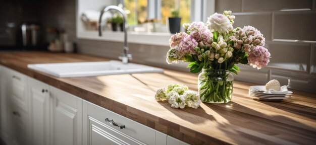 Photo décoration de cuisine en bois avec des armoires blanches