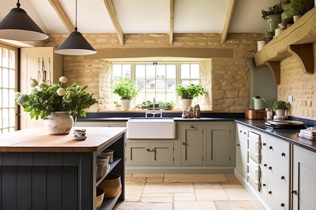 Photo décoration de cuisine de cottage design d'intérieur et amélioration de la maison anglais classique dans le comptoir d'armoires de cuisine à cadre et l'appareil dans la maison de campagne générative ai