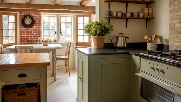 Décoration de cuisine de ferme design d'intérieur et décoration de maison vert sauge Armoires de cuisine à cadre anglais dans une maison de campagne élégante inspiration de style cottage
