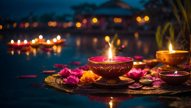 Décoration Diwali avec lampe diya offrant une vue naturelle sur l'étang et le temple