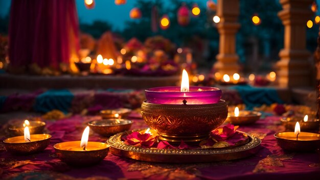 Décoration Diwali avec lampe diya offrant une vue naturelle sur l'étang et le temple