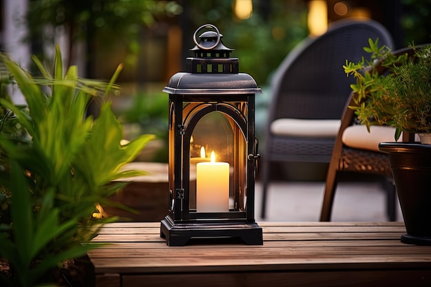 Photo décoration extérieure cosy avec une lampe lanterne romantique en métal noir sur un podium en bois accompagnée d'une bougie