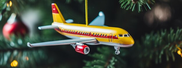 Photo une décoration festive d'un avion de passagers accrochée à un arbre de noël