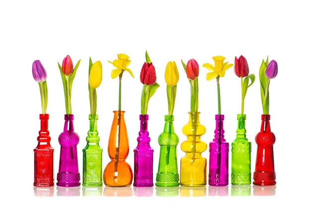 Décoration de fleurs de printemps Tulipes dans des vases sur fond blanc