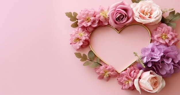 Photo décoration florale et fond de forme d'amour avec espace de copie