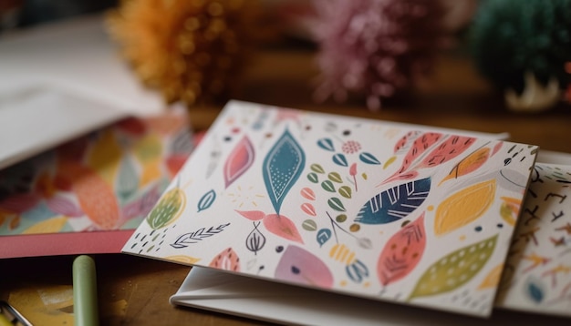 Décoration florale sur table en bois avec livres générés par IA