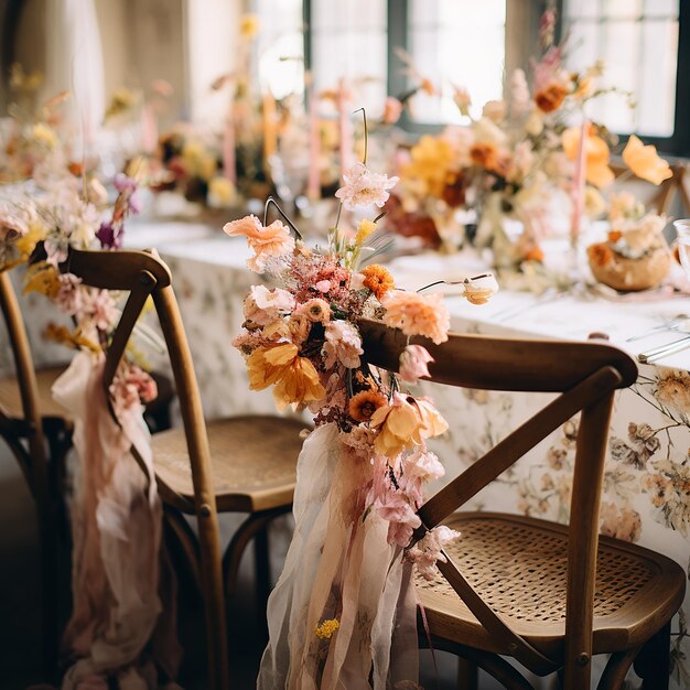 Décoration florale sur une table et des chaises de mariage