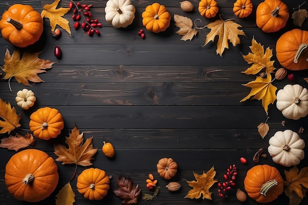 Décoration de fond d'automne à partir de feuilles sèches et de citrouille sur fond de bois sombre Vue de dessus plate pour le concept de Thanksgiving d'automne