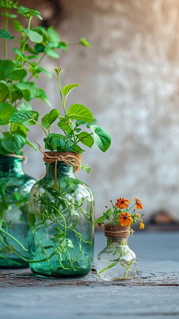 Décoration fraîche Tricolor Nephthytis dans des bouteilles en verre, une plante vibrante de purification d'air, mur mobile vertical