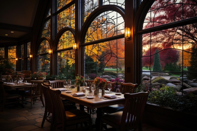 Décoration de grande fenêtre dans des idées d'inspiration de design d'intérieur de restaurant