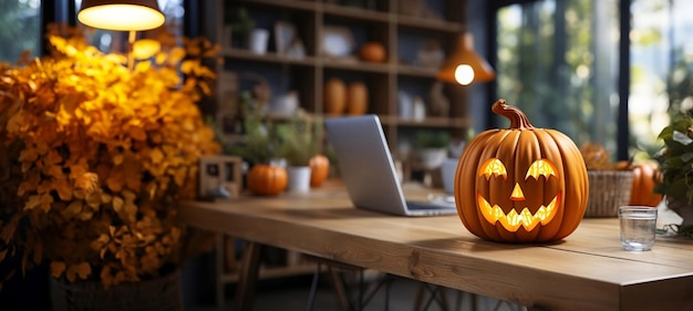 Décoration d'Halloween au bureau avec citrouille jack o lantern