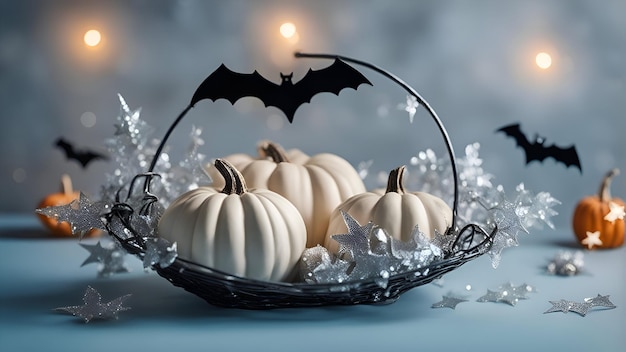 Décoration d'Halloween avec citrouilles blanches et chauves-souris sur fond bleu