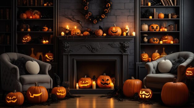 Décoration d'Halloween avec des citrouilles et des bougies à la maison