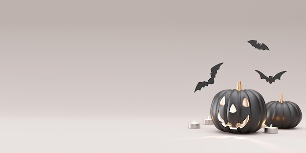 Décoration d'Halloween sur fond gris Espace de copie gratuit pour votre texte ou votre logo Modèle de conception de maquette de bannière d'Halloween pour la publicité Bougies de chauve-souris de citrouille noire rendu 3D