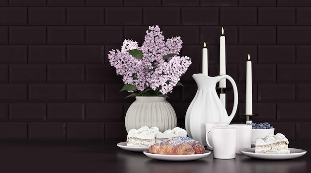 Décoration intérieure avec un bouquet de lilas sur fond noir