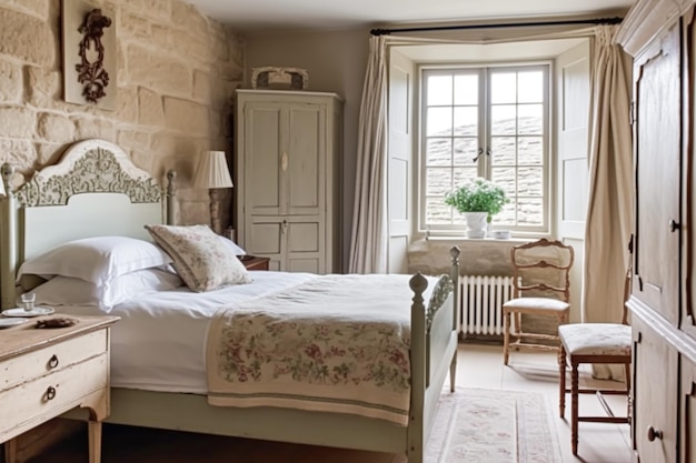 Décoration intérieure de chambre à coucher de campagne et lit de location de vacances avec une litière élégante et des meubles antiques style maison de campagne anglaise et cottage génératif ai