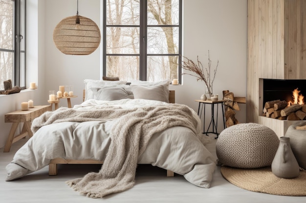 Décoration intérieure de la chambre à coucher dans le style scandinave dans un ton chaleureux et confortable dans un ton hygge et minimal