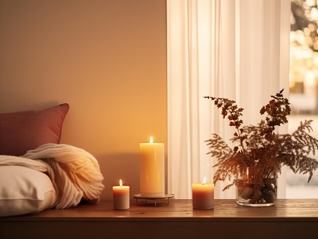 Photo décoration intérieure de la maison beige et brune décoration d'appartement confortable de saison hivernale avec des bougies allumées