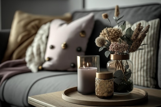 Décoration intérieure de maison dans des pots en verre de couleurs grises et brunes avec vase de fleurs séchées et bougie sur le plateau en bois sur la table basse au-dessus d'un canapé avec coussins Décoration de salon