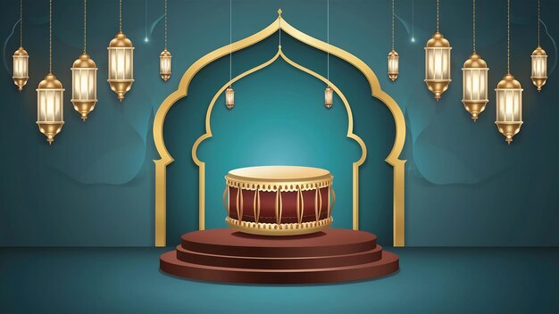 Photo décoration islamique arrière-plan du podium avec lanterne de tambour bedug ketupat espace de copie